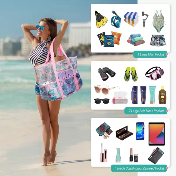 Fcolor Mesh Beach Bag Family  Beach Tote 9 Pockets Beach Towel BagFlamingo