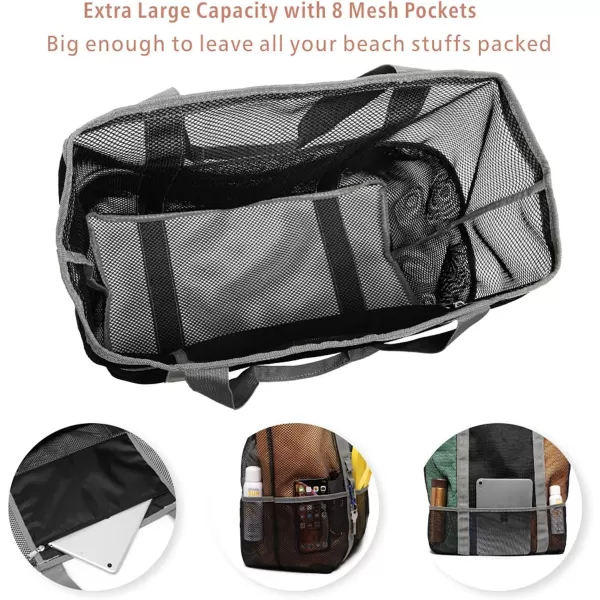 Fcolor Mesh Beach Bag Family  Beach Tote 9 Pockets Beach Towel BagGrey