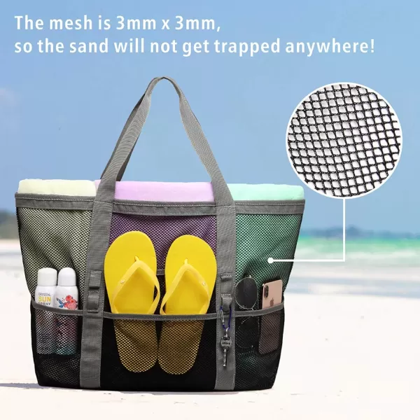 Fcolor Mesh Beach Bag Family  Beach Tote 9 Pockets Beach Towel BagGrey