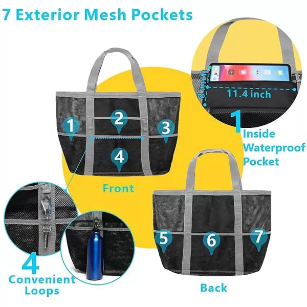 Fcolor Mesh Beach Bag Family  Beach Tote 9 Pockets Beach Towel BagGrey