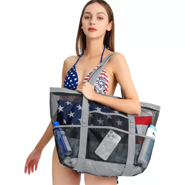 Fcolor Mesh Beach Bag Family  Beach Tote 9 Pockets Beach Towel BagGrey