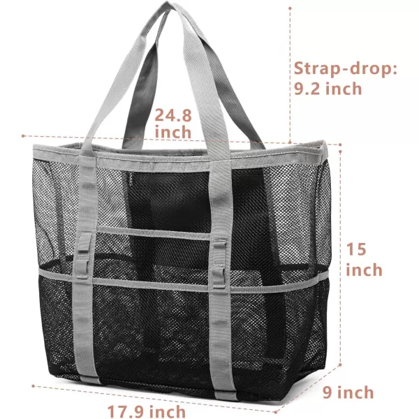 Fcolor Mesh Beach Bag Family  Beach Tote 9 Pockets Beach Towel BagGrey