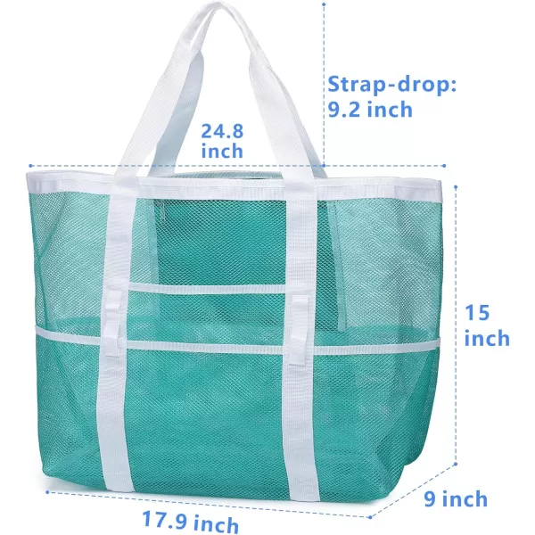 Fcolor Mesh Beach Bag Family  Beach Tote 9 Pockets Beach Towel BagMint Green