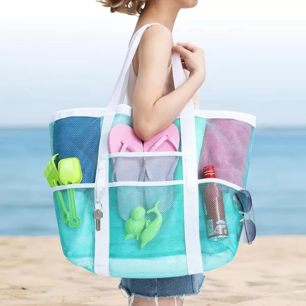 Fcolor Mesh Beach Bag Family  Beach Tote 9 Pockets Beach Towel BagMint Green