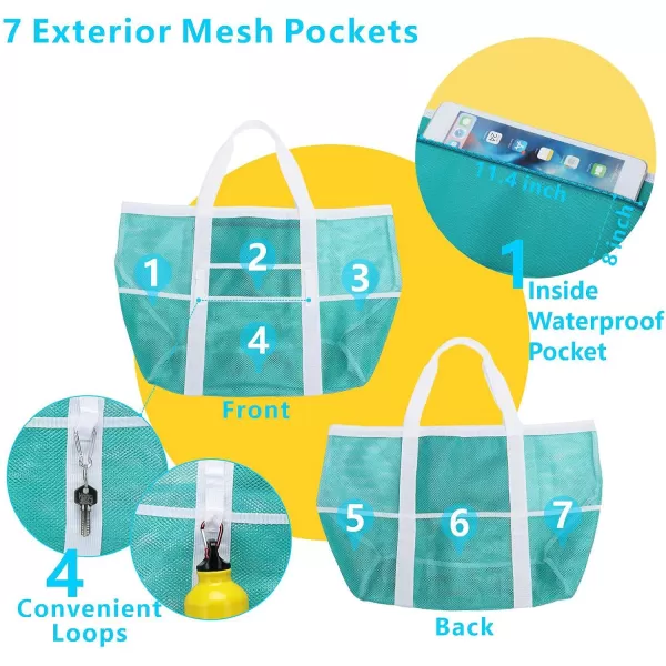 Fcolor Mesh Beach Bag Family  Beach Tote 9 Pockets Beach Towel BagMint Green