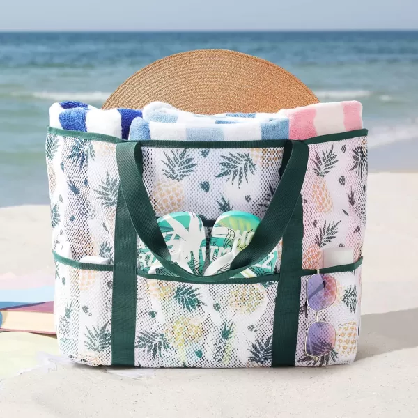 Fcolor Mesh Beach Bag Family  Beach Tote 9 Pockets Beach Towel BagPineapple
