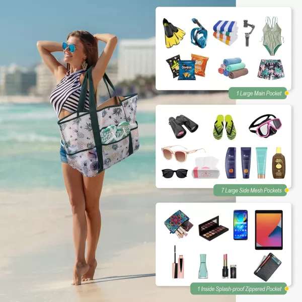 Fcolor Mesh Beach Bag Family  Beach Tote 9 Pockets Beach Towel BagPineapple