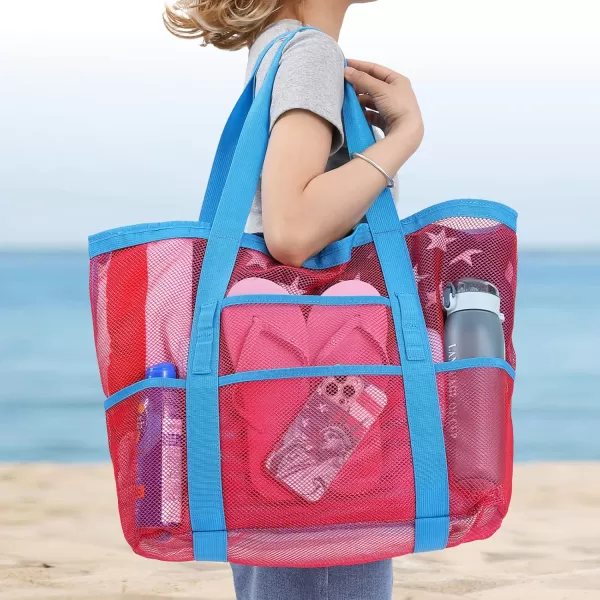 Fcolor Mesh Beach Bag Family  Beach Tote 9 Pockets Beach Towel BagPink