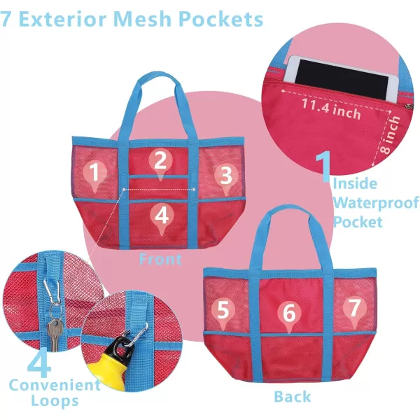 Fcolor Mesh Beach Bag Family  Beach Tote 9 Pockets Beach Towel BagPink