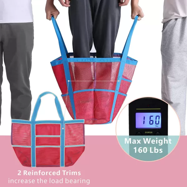 Fcolor Mesh Beach Bag Family  Beach Tote 9 Pockets Beach Towel BagPink