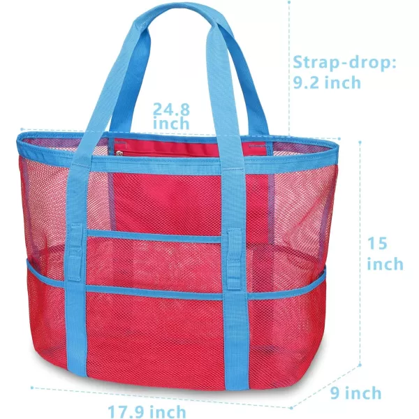 Fcolor Mesh Beach Bag Family  Beach Tote 9 Pockets Beach Towel BagPink