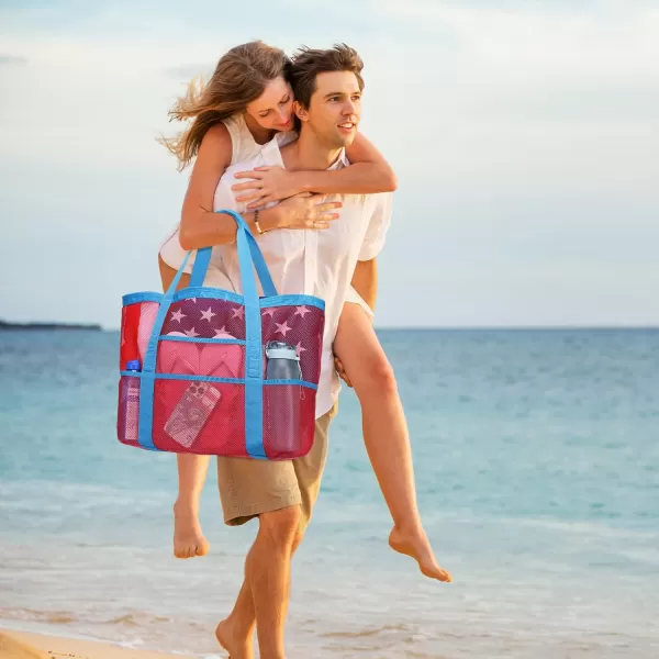 Fcolor Mesh Beach Bag Family  Beach Tote 9 Pockets Beach Towel BagPink
