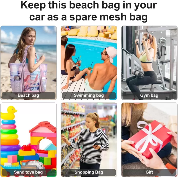 Fcolor Mesh Beach Bag Family  Beach Tote 9 Pockets Beach Towel BagPink Surfing Lady