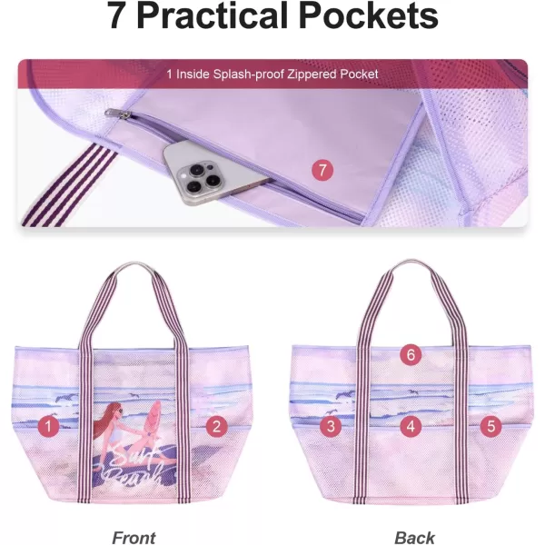 Fcolor Mesh Beach Bag Family  Beach Tote 9 Pockets Beach Towel BagPink Surfing Lady
