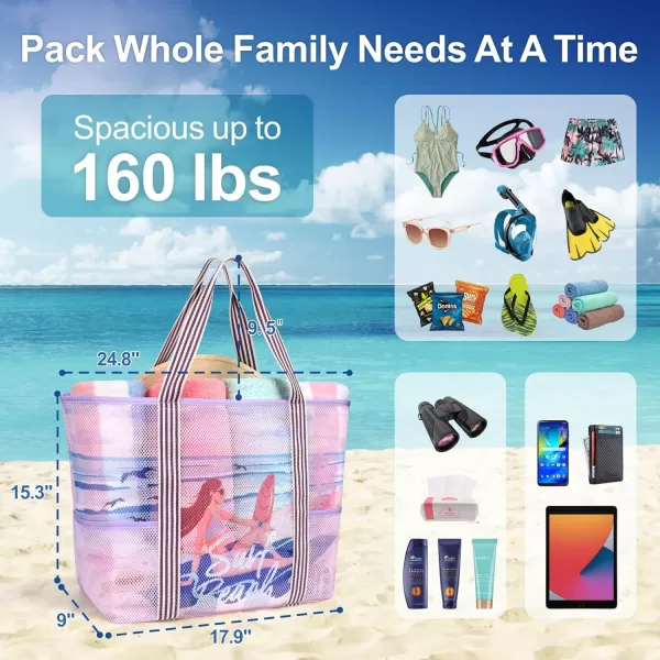 Fcolor Mesh Beach Bag Family  Beach Tote 9 Pockets Beach Towel BagPink Surfing Lady