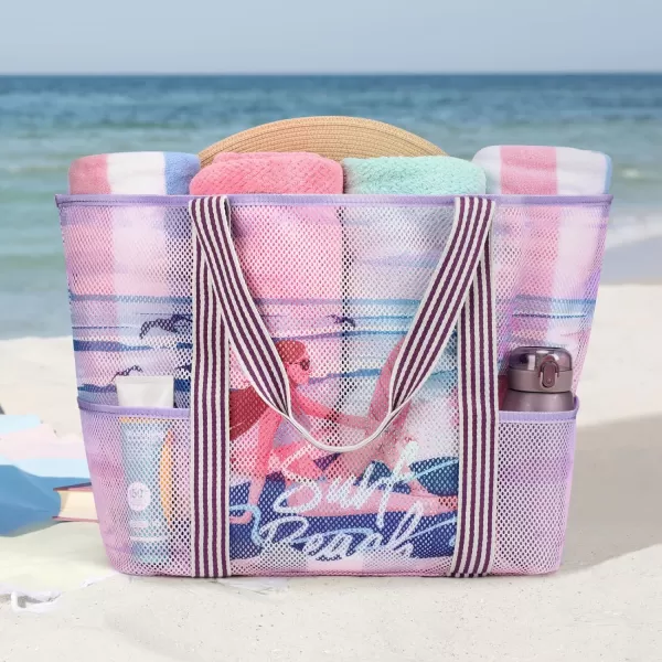 Fcolor Mesh Beach Bag Family  Beach Tote 9 Pockets Beach Towel BagPink Surfing Lady