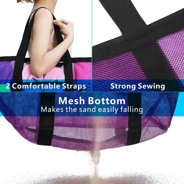 Fcolor Mesh Beach Bag Family  Beach Tote 9 Pockets Beach Towel BagPurple