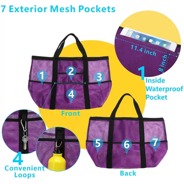 Fcolor Mesh Beach Bag Family  Beach Tote 9 Pockets Beach Towel BagPurple