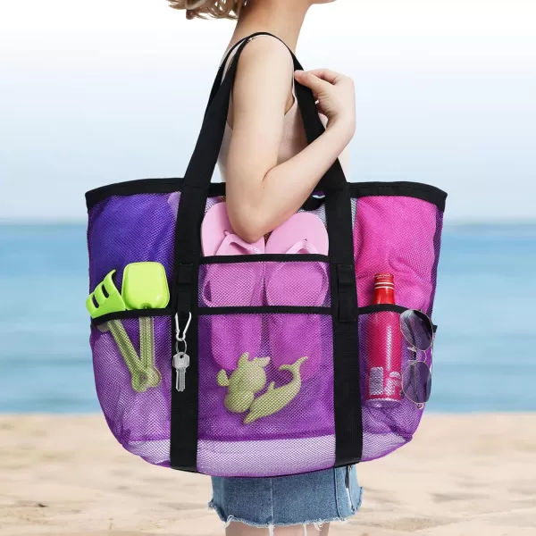 Fcolor Mesh Beach Bag Family  Beach Tote 9 Pockets Beach Towel BagPurple