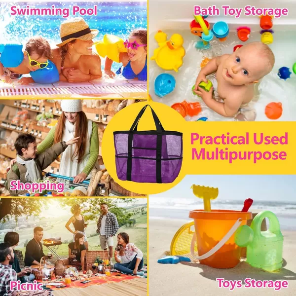 Fcolor Mesh Beach Bag Family  Beach Tote 9 Pockets Beach Towel BagPurple