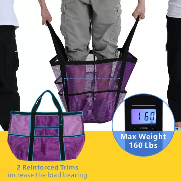 Fcolor Mesh Beach Bag Family  Beach Tote 9 Pockets Beach Towel BagPurple