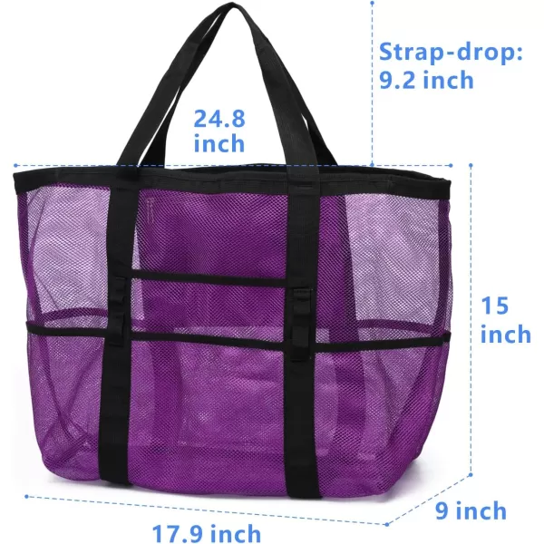 Fcolor Mesh Beach Bag Family  Beach Tote 9 Pockets Beach Towel BagPurple