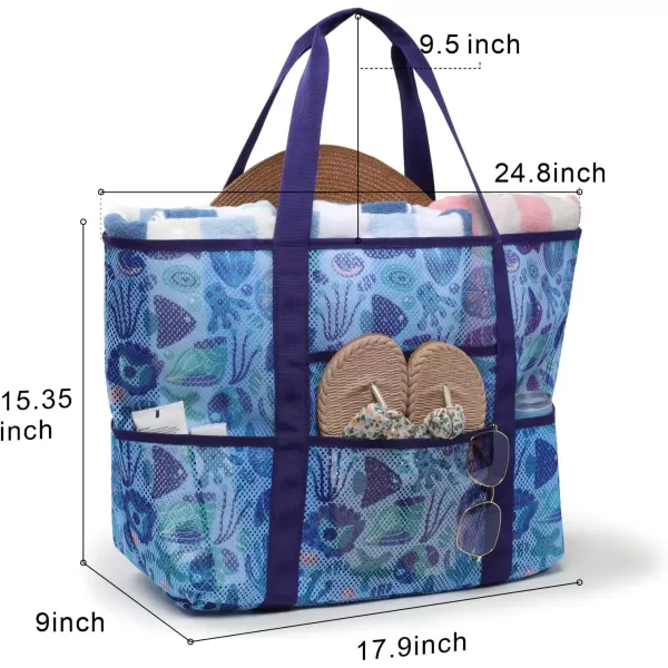 Fcolor Mesh Beach Bag Family  Beach Tote 9 Pockets Beach Towel BagSeashell
