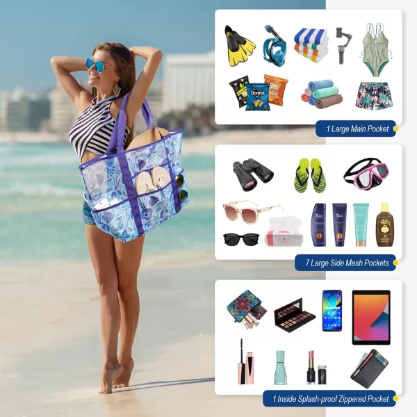 Fcolor Mesh Beach Bag Family  Beach Tote 9 Pockets Beach Towel BagSeashell