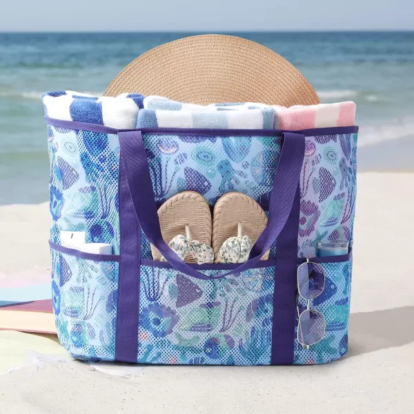 Fcolor Mesh Beach Bag Family  Beach Tote 9 Pockets Beach Towel BagSeashell
