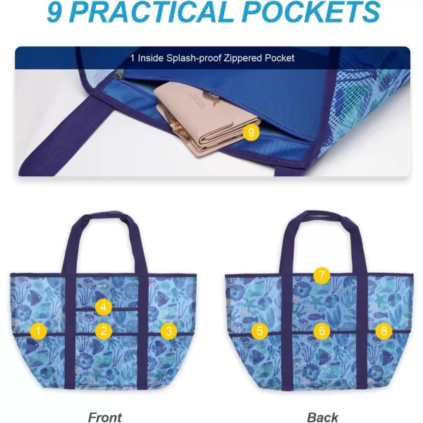 Fcolor Mesh Beach Bag Family  Beach Tote 9 Pockets Beach Towel BagSeashell