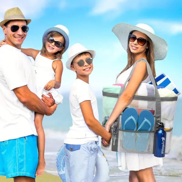 Fcolor Mesh Beach Bag Family  Beach Tote 9 Pockets Beach Towel BagWhite
