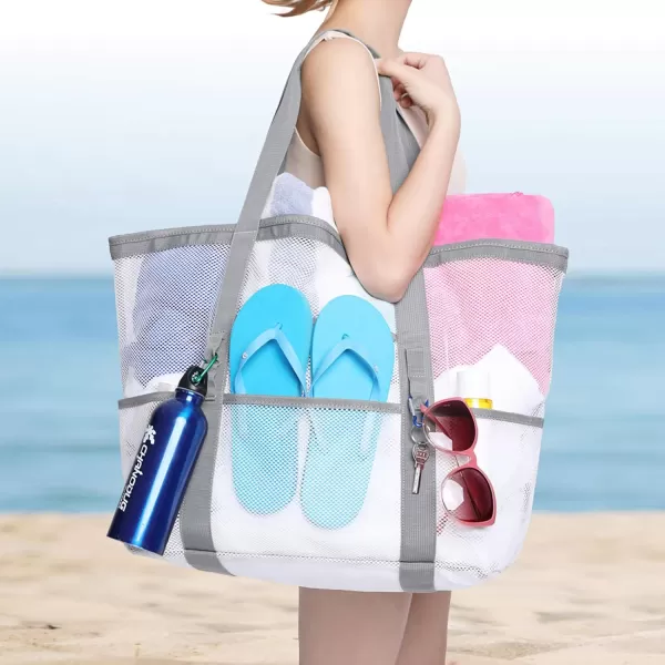 Fcolor Mesh Beach Bag Family  Beach Tote 9 Pockets Beach Towel BagWhite