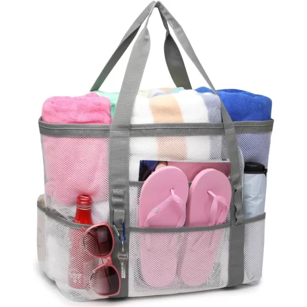 Fcolor Mesh Beach Bag Family  Beach Tote 9 Pockets Beach Towel BagWhite