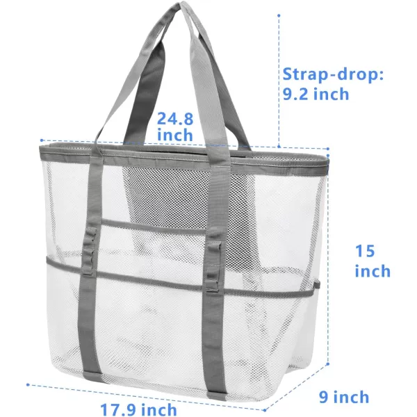 Fcolor Mesh Beach Bag Family  Beach Tote 9 Pockets Beach Towel BagWhite
