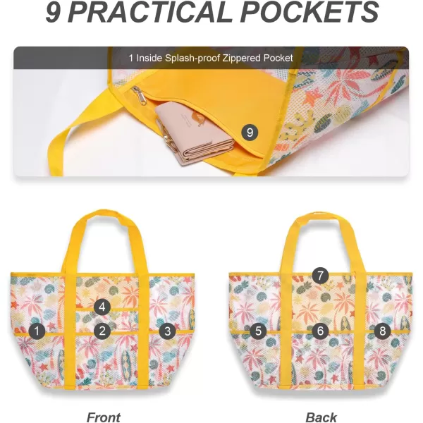 Fcolor Mesh Beach Bag Family  Beach Tote 9 Pockets Beach Towel BagYellow Beach