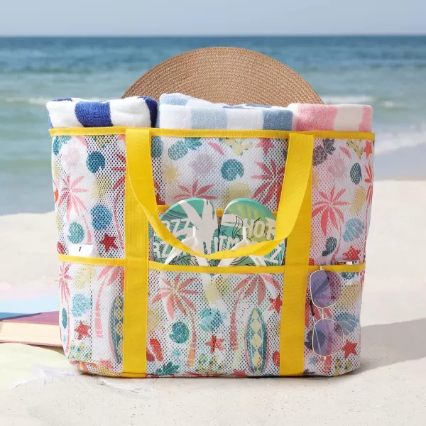 Fcolor Mesh Beach Bag Family  Beach Tote 9 Pockets Beach Towel BagYellow Beach