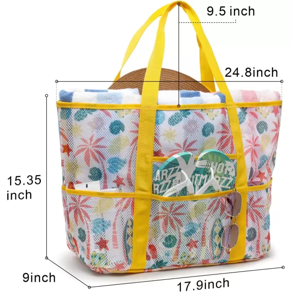 Fcolor Mesh Beach Bag Family  Beach Tote 9 Pockets Beach Towel BagYellow Beach