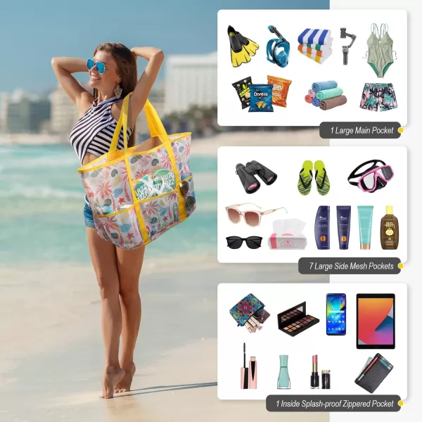 Fcolor Mesh Beach Bag Family  Beach Tote 9 Pockets Beach Towel BagYellow Beach