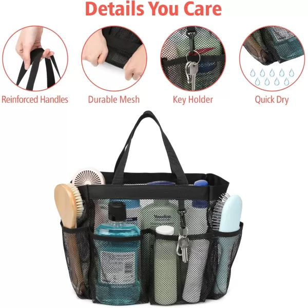 Fcolor Mesh Shower Caddy Portable Upgrade Deeper 7 Pockets Basket Bag Tote for College Dorm Room Toiletry Bathroom Essentials Gym Camp Quick Dry 2 handles with S Hook Black1 Pack Black