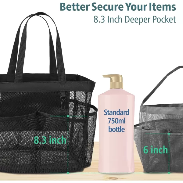 Fcolor Mesh Shower Caddy Portable Upgrade Deeper 7 Pockets Basket Bag Tote for College Dorm Room Toiletry Bathroom Essentials Gym Camp Quick Dry 2 handles with S Hook Black1 Pack XLarge Black