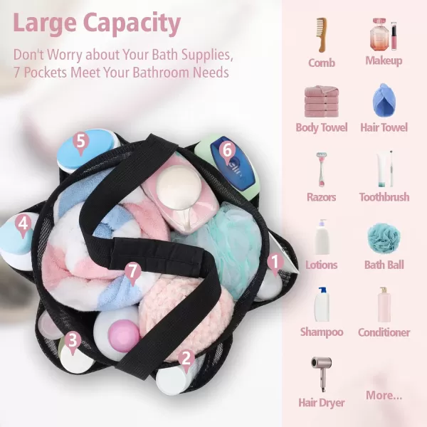 Fcolor Mesh Shower Caddy Portable Upgrade Deeper 7 Pockets Basket Bag Tote for College Dorm Room Toiletry Bathroom Essentials Gym Camp Quick Dry 2 handles with S Hook Black2 Pack L Black