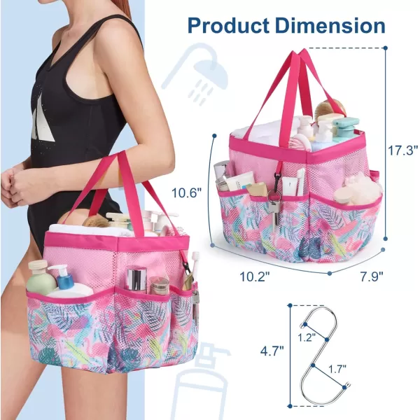 Fcolor Mesh Shower Caddy Portable Upgrade Deeper 7 Pockets Basket Bag Tote for College Dorm Room Toiletry Bathroom Essentials Gym Camp Quick Dry 2 handles with S Hook BlackL  Pink Flamingo