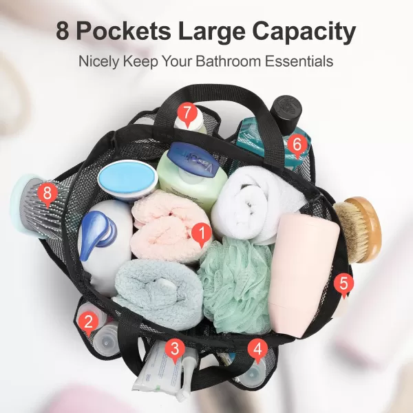 Fcolor Mesh Shower Caddy Portable Upgrade Deeper 7 Pockets Basket Bag Tote for College Dorm Room Toiletry Bathroom Essentials Gym Camp Quick Dry 2 handles with S Hook BlackBlack with Drawstring