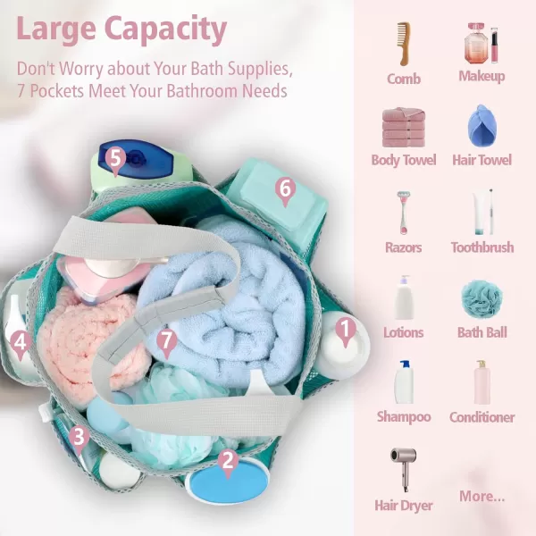Fcolor Mesh Shower Caddy Portable Upgrade Deeper 7 Pockets Basket Bag Tote for College Dorm Room Toiletry Bathroom Essentials Gym Camp Quick Dry 2 handles with S Hook Black1 Pack L Mint Green