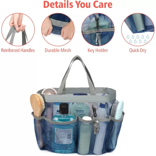 Fcolor Mesh Shower Caddy Portable Upgrade Deeper 7 Pockets Basket Bag Tote for College Dorm Room Toiletry Bathroom Essentials Gym Camp Quick Dry 2 handles with S Hook Black1 Pack Blue