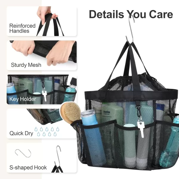 Fcolor Mesh Shower Caddy Portable Upgrade Deeper 7 Pockets Basket Bag Tote for College Dorm Room Toiletry Bathroom Essentials Gym Camp Quick Dry 2 handles with S Hook BlackBlack with Drawstring