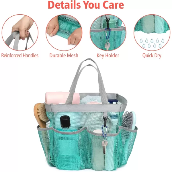 Fcolor Mesh Shower Caddy Portable Upgrade Deeper 7 Pockets Basket Bag Tote for College Dorm Room Toiletry Bathroom Essentials Gym Camp Quick Dry 2 handles with S Hook Black1 Pack Mint Green