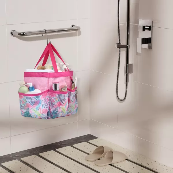Fcolor Mesh Shower Caddy Portable Upgrade Deeper 7 Pockets Basket Bag Tote for College Dorm Room Toiletry Bathroom Essentials Gym Camp Quick Dry 2 handles with S Hook BlackL  Pink Flamingo