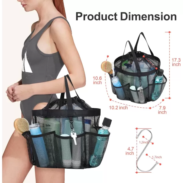 Fcolor Mesh Shower Caddy Portable Upgrade Deeper 7 Pockets Basket Bag Tote for College Dorm Room Toiletry Bathroom Essentials Gym Camp Quick Dry 2 handles with S Hook BlackBlack with Drawstring