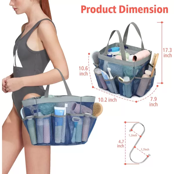Fcolor Mesh Shower Caddy Portable Upgrade Deeper 7 Pockets Basket Bag Tote for College Dorm Room Toiletry Bathroom Essentials Gym Camp Quick Dry 2 handles with S Hook Black1 Pack Blue